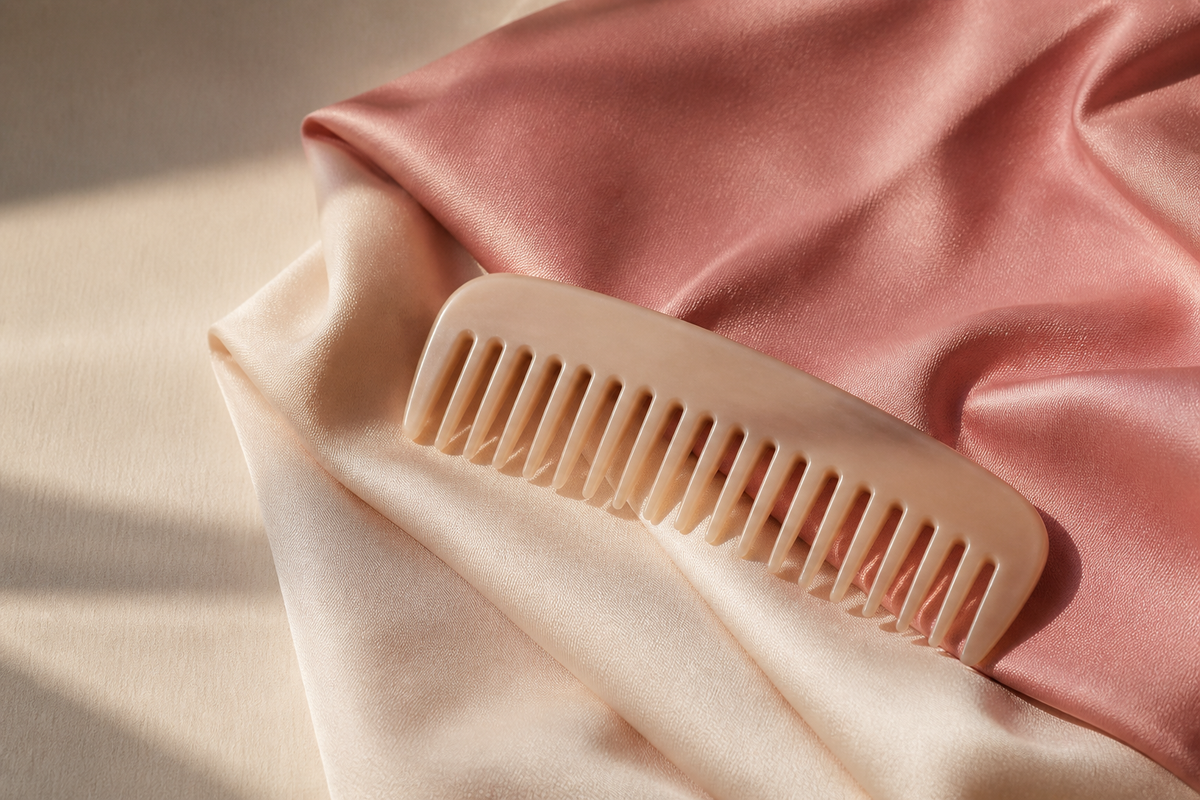 Folded rose and cream satin with a wide-tooth comb