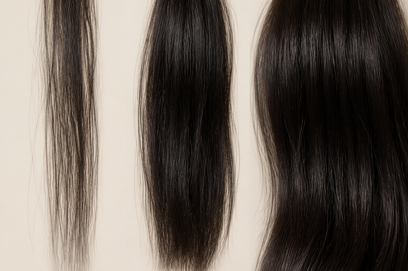 Three swatches of dark hair side by side, thin to full