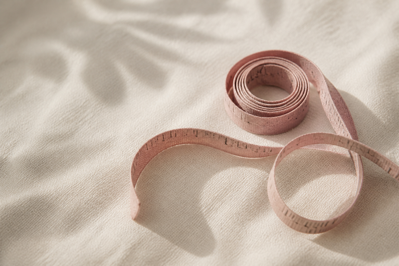 A soft cloth tape measure coiled on cream linen