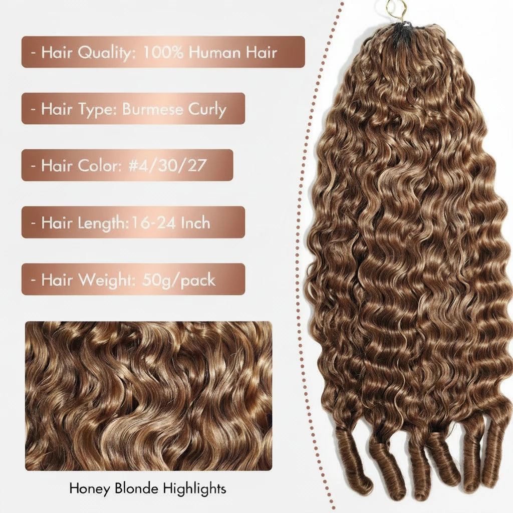 Burmese Curly Feather Crochet Human Hair Extensions 4/30/27 Highlight Pre-Separated Reusable Miracle Knots Boho Braiding Hair
