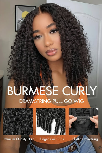 Burmese Curly Wig With Finger Coil Ends Pull &amp; Go Drawstring 13×6 Glueless Wig Full Ends