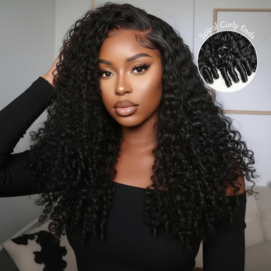 Burmese Curly Wig With Finger Coil Ends Pull & Go Drawstring 13×6 Glueless Wig Full Ends