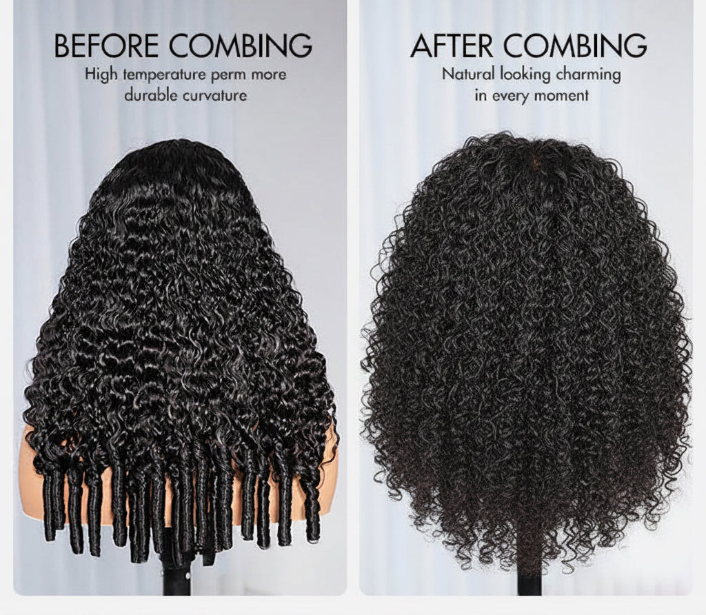 Burmese Curly Wig With Finger Coil Ends Pull &amp; Go Drawstring 13×6 Glueless Wig Full Ends