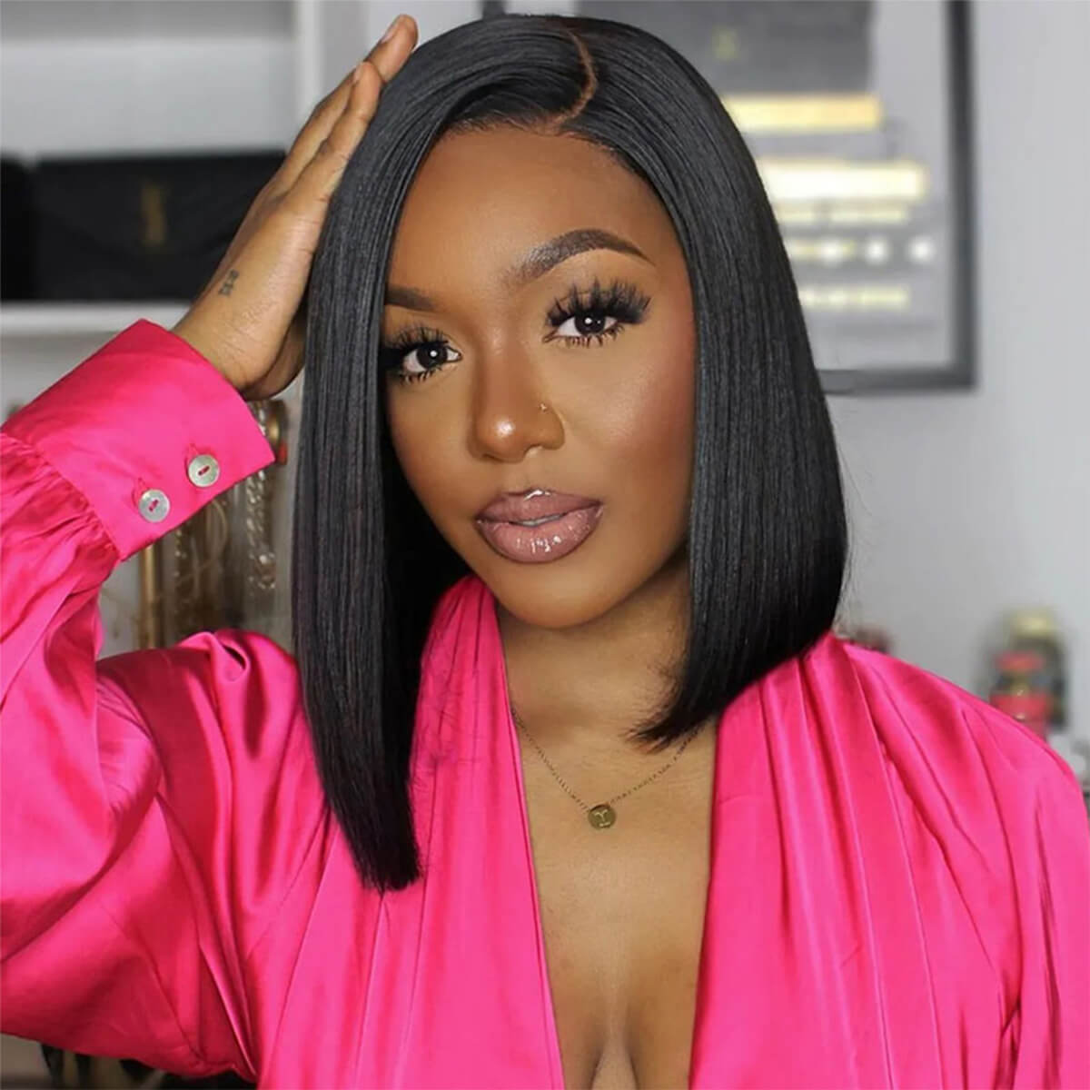 Super Double Drawn Bone Straight Bob Wig Blunt Cut 6×5 Natural C-Side Part Glueless Straight Bob Wig Vietnam Hair