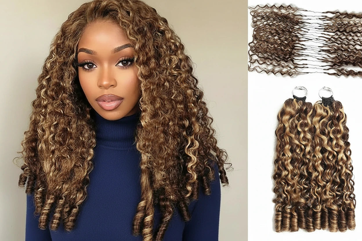 Burmese Curly Feather Crochet Human Hair Extensions 4/30/27 Highlight Pre-Separated Reusable Miracle Knots Boho Braiding Hair