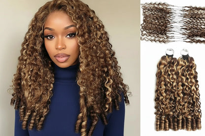 Burmese Curly Feather Crochet Human Hair Extensions 4/30/27 Highlight Pre-Separated Reusable Miracle Knots Boho Braiding Hair
