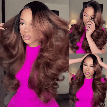 Butterfly Haircuts Dark Root to Mocha Brown Ombre 6×5 Natural C Part Pre-styled Loose Wave Glueless Wig 250% Density